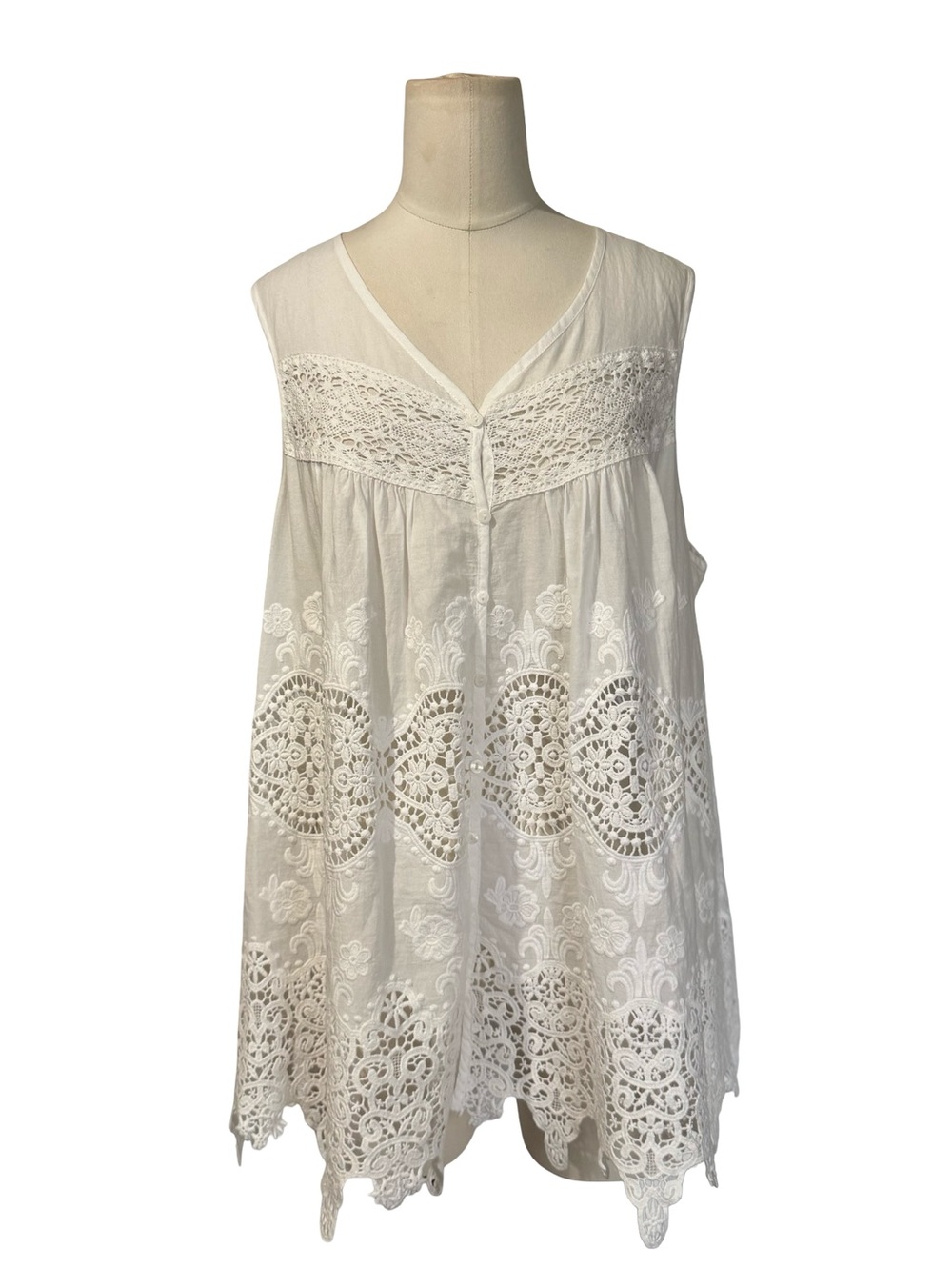 White Lace Embroidered Boho Tank Top 100% Cotton Sleeveless Crochet Trim Size M - Picture 2 of 10